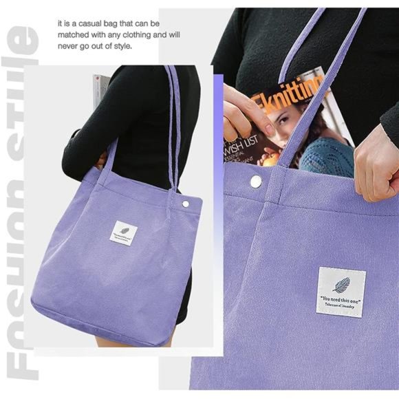 Tote Corduroy Bag Women's Shoulder Purses for Office School Shopping Travel Grey - Picture 6 of 6